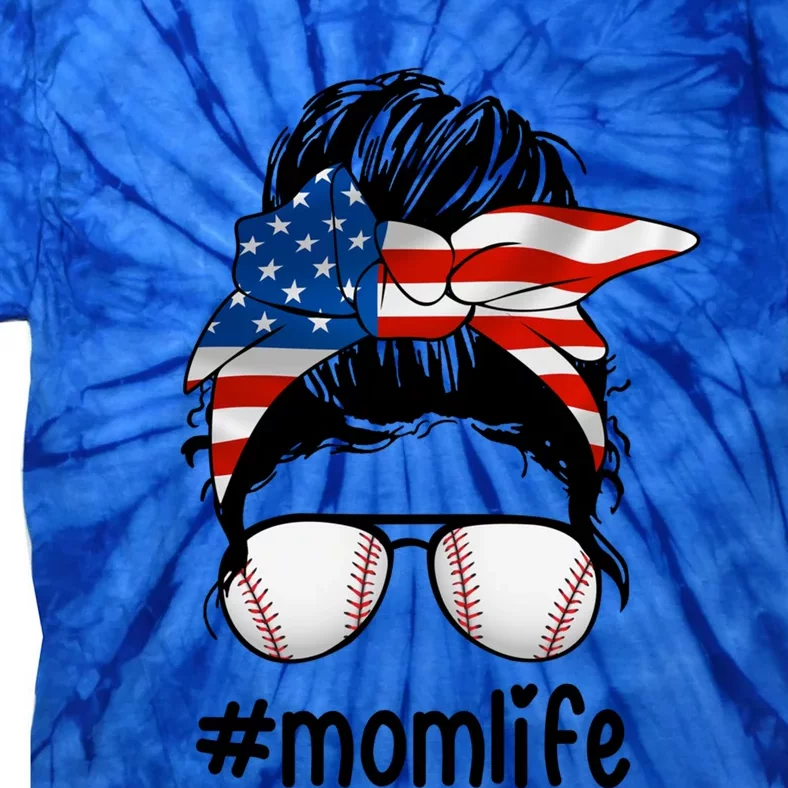 Mom Life Baseball Mom American Flag Messy Bun Gift Tie-Dye T-Shirt