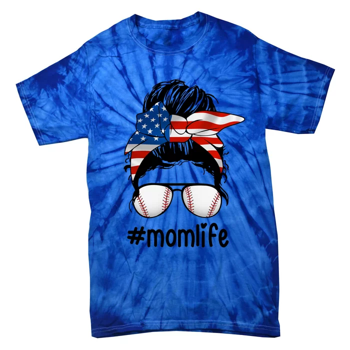 Mom Life Baseball Mom American Flag Messy Bun Gift Tie-Dye T-Shirt