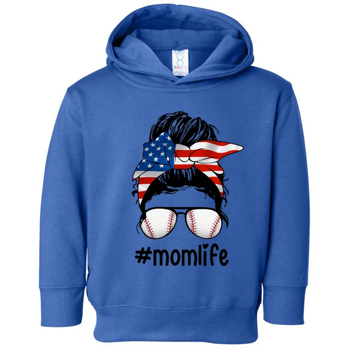 Mom Life Baseball Mom American Flag Messy Bun Gift Toddler Hoodie