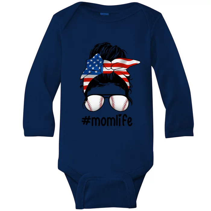 Mom Life Baseball Mom American Flag Messy Bun Gift Baby Long Sleeve Bodysuit