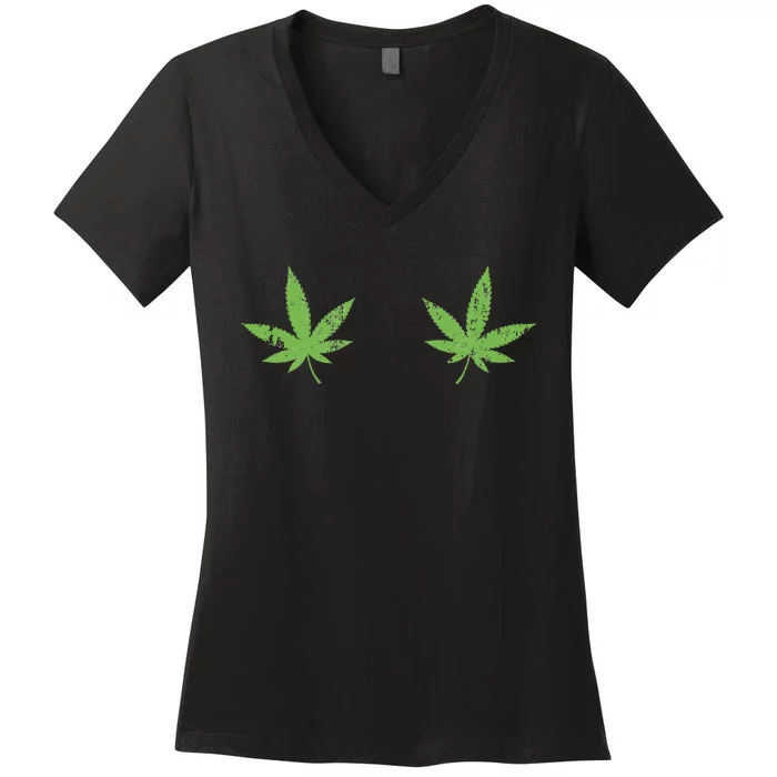 Marijuana Leaf Boob Funny Pot Weed Leaves Christmas Bikinis Women's V-Neck T-Shirt