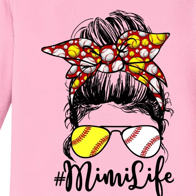 Mimi Life Baseball Softball Messy Bun Grandma Mother's Day Baby Long Sleeve Bodysuit