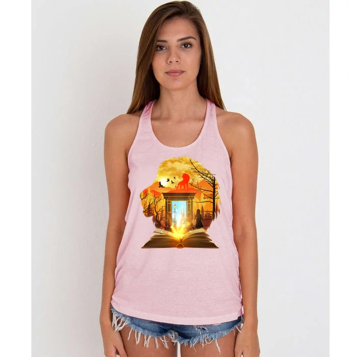 Magical Lion Book Reading Fan Women's Knotted Racerback Tank