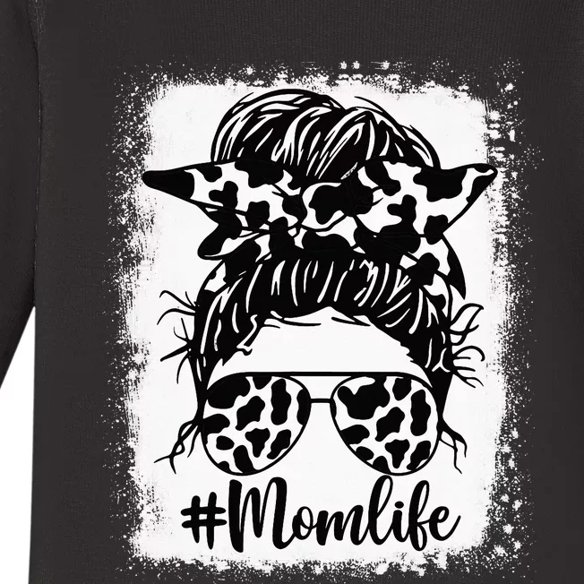 Mom Life Bleached Mom Life Cow Heifer Messy Bun Baby Long Sleeve Bodysuit