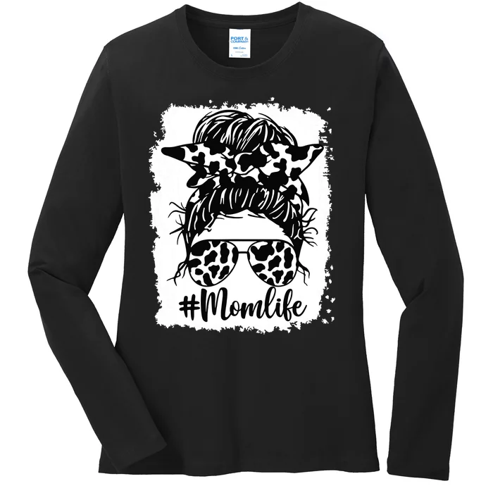 Mom Life Bleached Mom Life Cow Heifer Messy Bun Ladies Long Sleeve Shirt