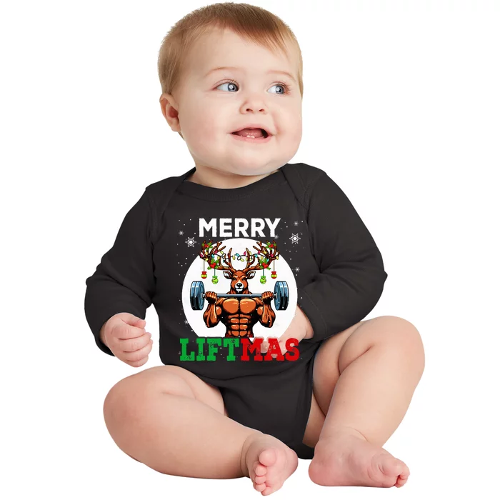 Merry Liftmas Christmas Reindeer Weightlifting Gym Workout Baby Long Sleeve Bodysuit