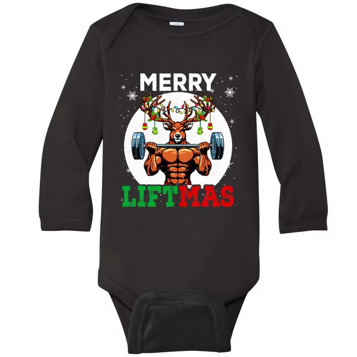 Merry Liftmas Christmas Reindeer Weightlifting Gym Workout Baby Long Sleeve Bodysuit