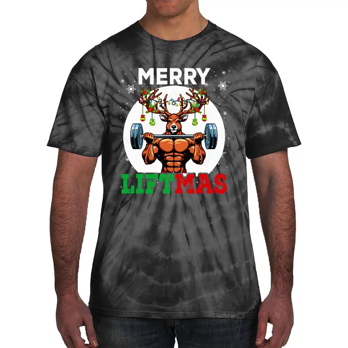 Merry Liftmas Christmas Reindeer Weightlifting Gym Workout Tie-Dye T-Shirt