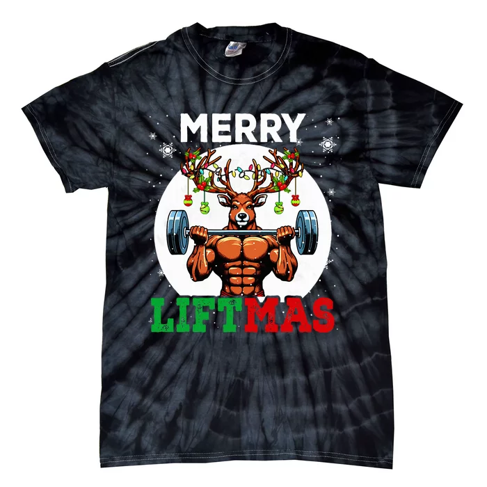 Merry Liftmas Christmas Reindeer Weightlifting Gym Workout Tie-Dye T-Shirt