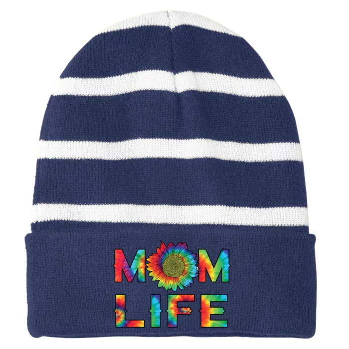 Mom Life Colorful Rainbow Sunflower Striped Beanie with Solid Band