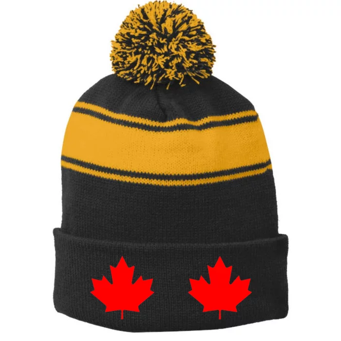 Maple Leaf Canada Day Canadian Flag Stripe Pom Pom Beanie