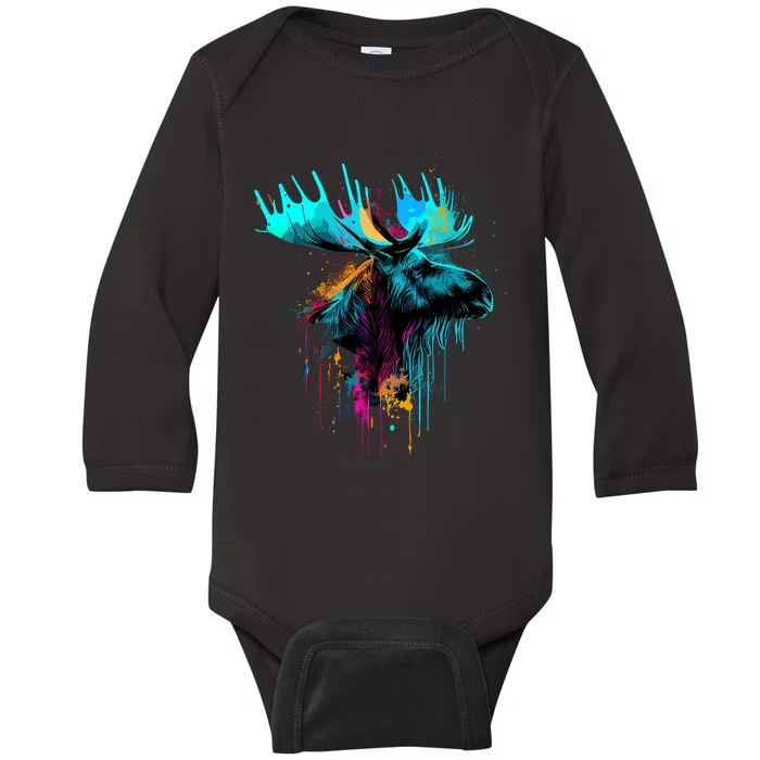 Moose Lovers Colorful Pop Art Beautiful Moose Baby Long Sleeve Bodysuit