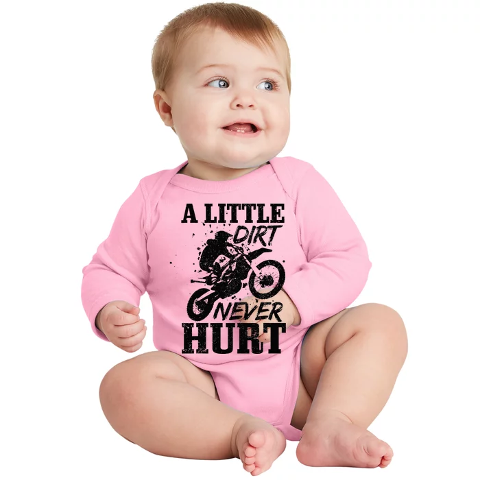 Motocross Little Dirt Never Hurt Dirt Bike MX Racing Biker Baby Long Sleeve Bodysuit