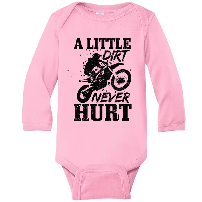 Motocross Little Dirt Never Hurt Dirt Bike MX Racing Biker Baby Long Sleeve Bodysuit