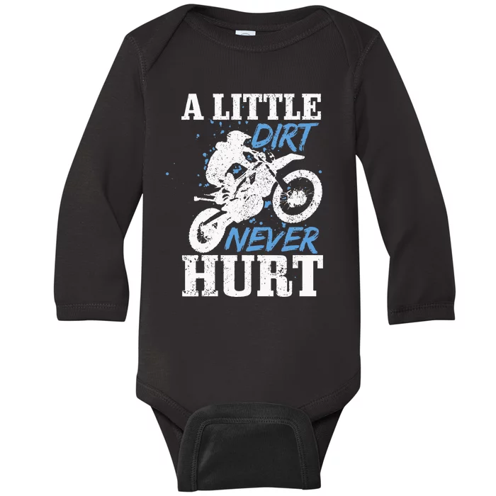 Motocross Little Dirt Never Hurt Dirt Bike MX Racing Biker Baby Long Sleeve Bodysuit