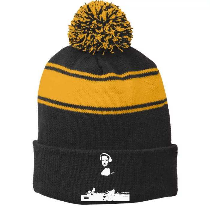 Mona Lisa Dj Art Funny Edm Techno Rave Music Stripe Pom Pom Beanie