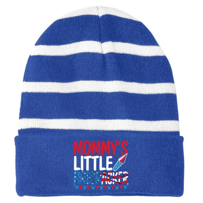 Mommys Little Firecracker 4th Of July Usa Patriotic Gift Striped Beanie with Solid Band