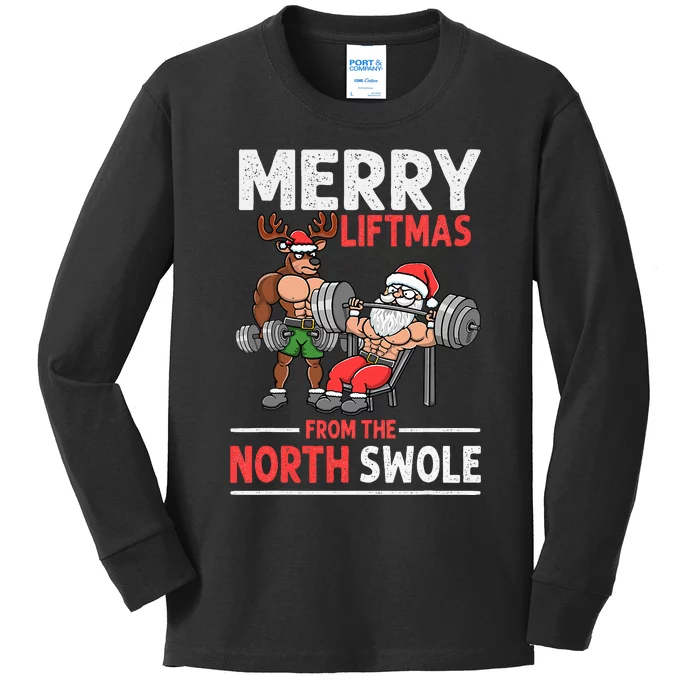 Merry Liftmas from North Swole Muscle Santa Weightlifting Kids Long Sleeve Shirt