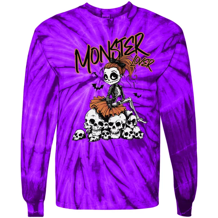 Monster Lover Fun Skeleton Ghoul Cute Vintage Halloween Tie-Dye Long Sleeve Shirt