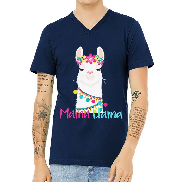 Mama Llama Funny Mother's Day Women Mom Birthday V-Neck T-Shirt