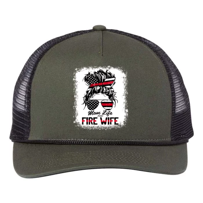 Mom Life Fire Wife Firefighter Usa Flag Messy Bun Bleached Gift Retro Rope Trucker Hat Cap