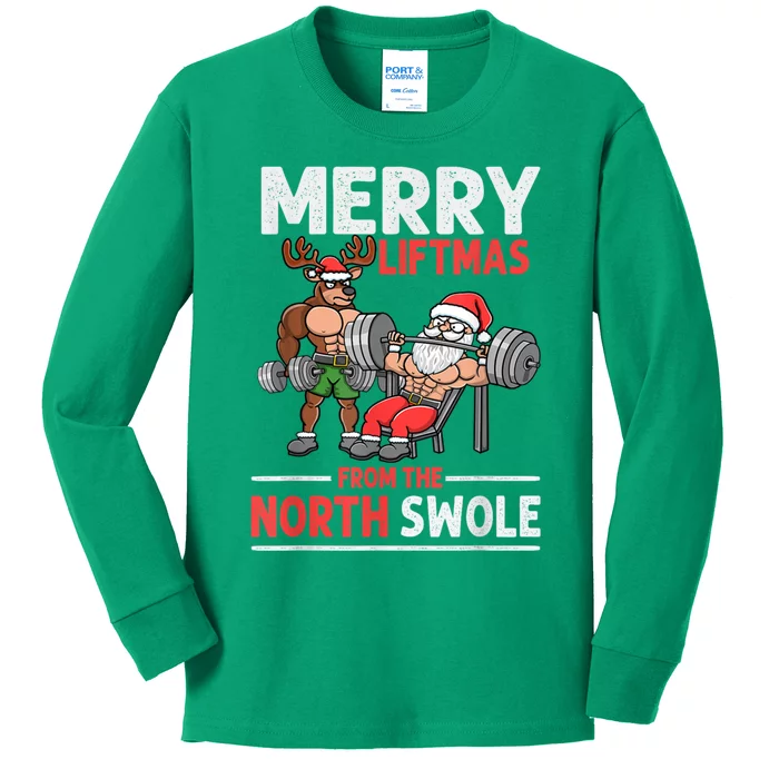 Merry Liftmas From The North Poie Muscle Santa Weightlifting Kids Long Sleeve Shirt