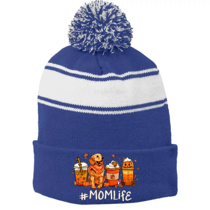 Mom Life Fall Coffee Thanksgiving Pumpkin Autumn Dog Lover Gift Stripe Pom Pom Beanie