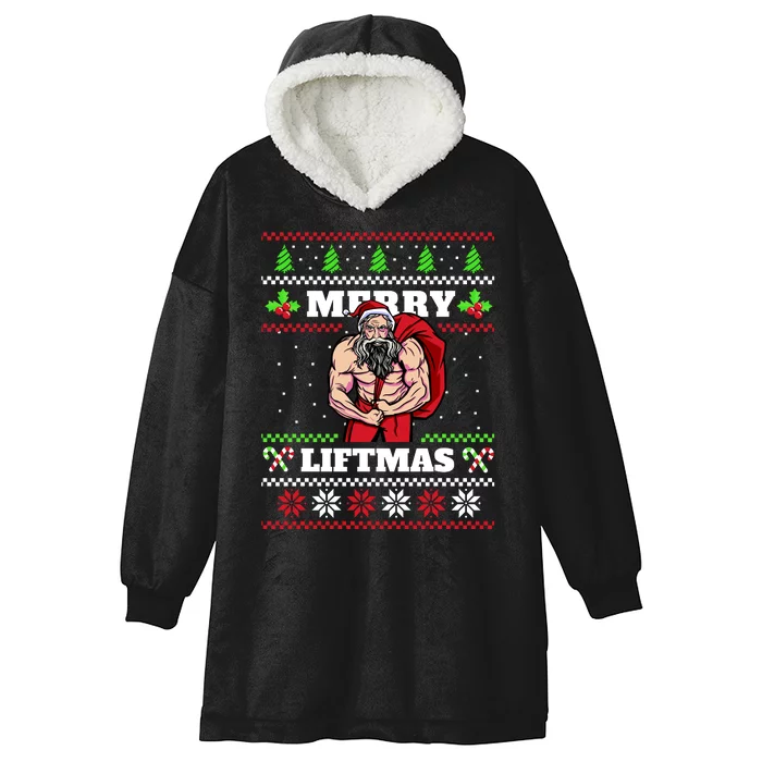 Merry Liftmas Funny Lifting Weights Jacked Santa Claus Ugly Christmas Hooded Wearable Blanket