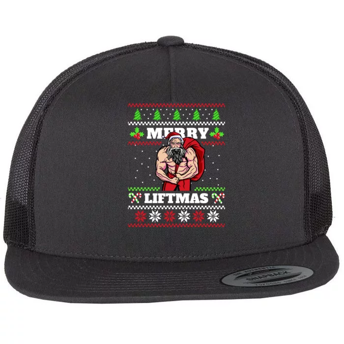 Merry Liftmas Funny Lifting Weights Jacked Santa Claus Ugly Christmas Flat Bill Trucker Hat