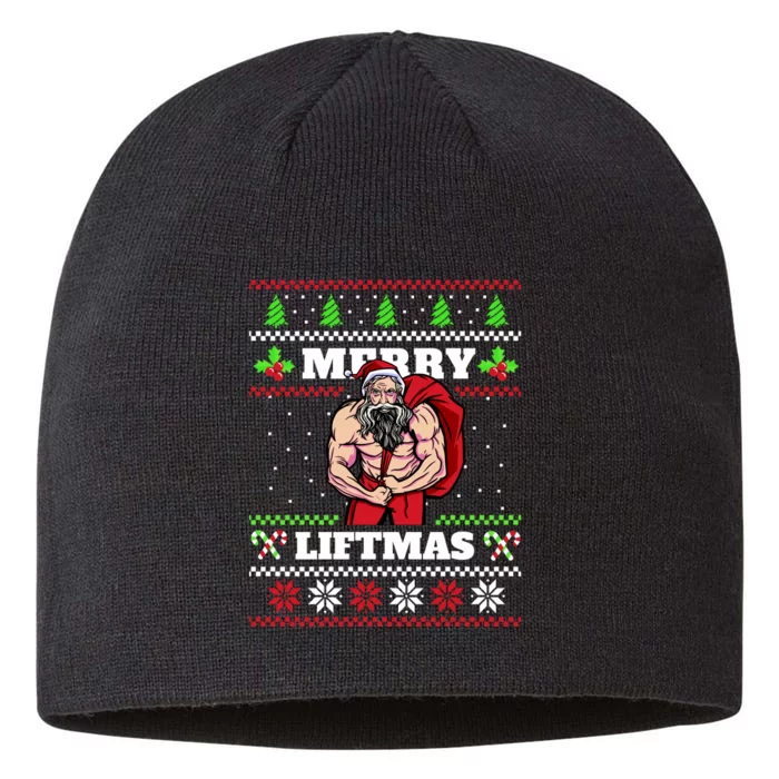 Merry Liftmas Funny Lifting Weights Jacked Santa Claus Ugly Christmas 8 1/2in Sustainable Knit Beanie