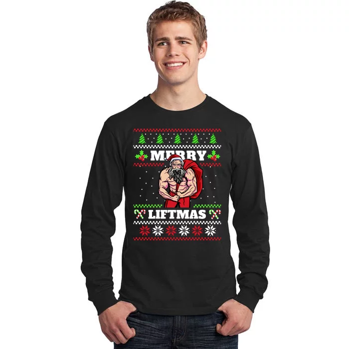 Merry Liftmas Funny Lifting Weights Jacked Santa Claus Ugly Christmas Tall Long Sleeve T-Shirt