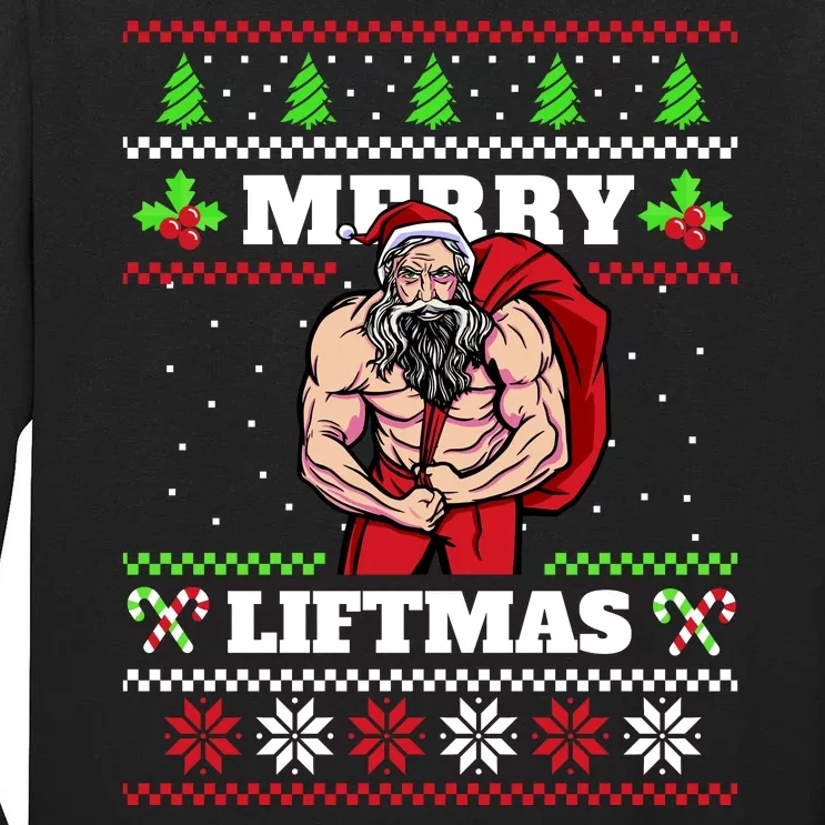 Merry Liftmas Funny Lifting Weights Jacked Santa Claus Ugly Christmas Tall Long Sleeve T-Shirt