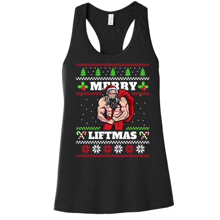 Merry Liftmas Funny Lifting Weights Jacked Santa Claus Ugly Christmas Women's Racerback Tank