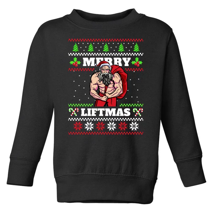 Merry Liftmas Funny Lifting Weights Jacked Santa Claus Ugly Christmas Toddler Sweatshirt