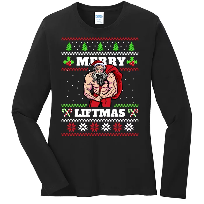 Merry Liftmas Funny Lifting Weights Jacked Santa Claus Ugly Christmas Ladies Long Sleeve Shirt