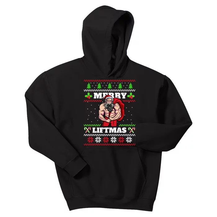 Merry Liftmas Funny Lifting Weights Jacked Santa Claus Ugly Christmas Kids Hoodie