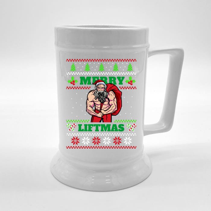 Merry Liftmas Funny Lifting Weights Jacked Santa Claus Ugly Christmas Front & Back Beer Stein