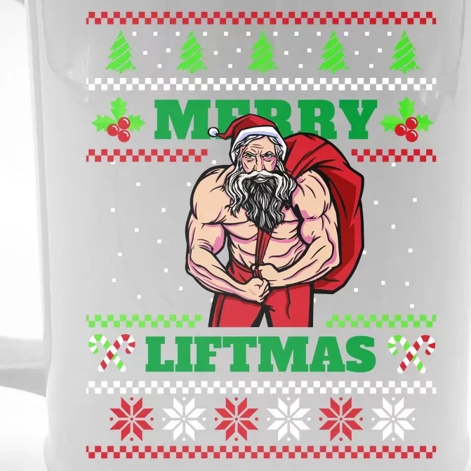 Merry Liftmas Funny Lifting Weights Jacked Santa Claus Ugly Christmas Front & Back Beer Stein