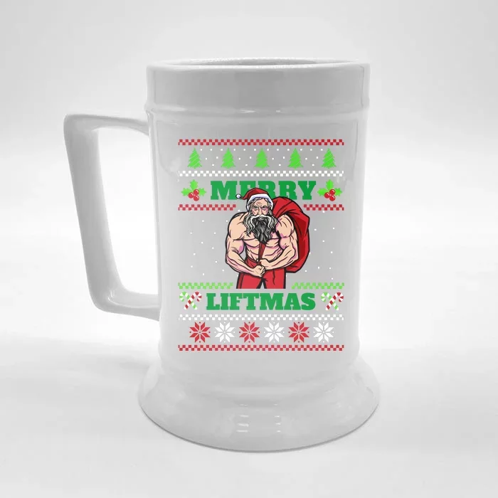 Merry Liftmas Funny Lifting Weights Jacked Santa Claus Ugly Christmas Front & Back Beer Stein