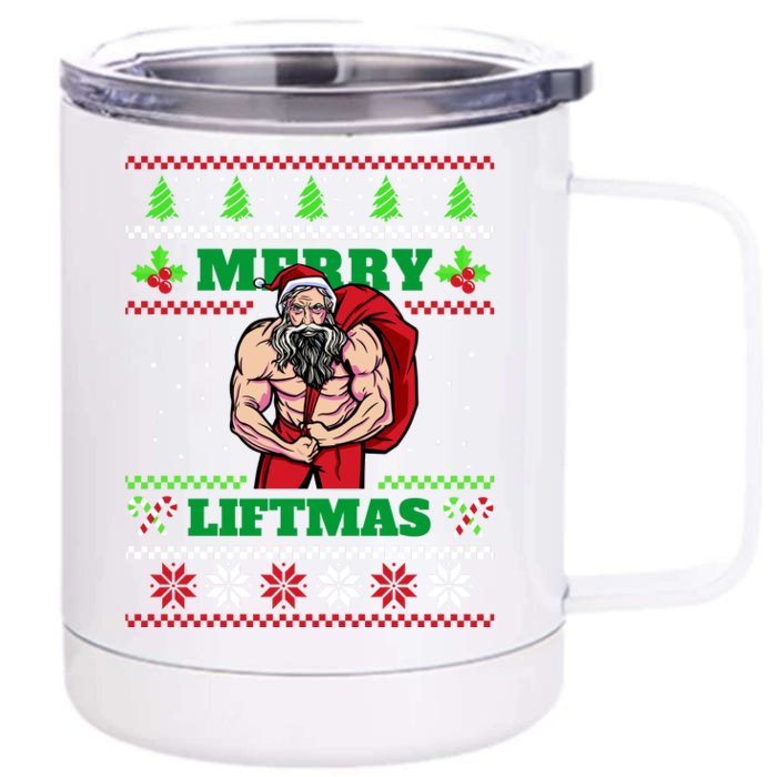 Merry Liftmas Funny Lifting Weights Jacked Santa Claus Ugly Christmas Front & Back 12oz Stainless Steel Tumbler Cup