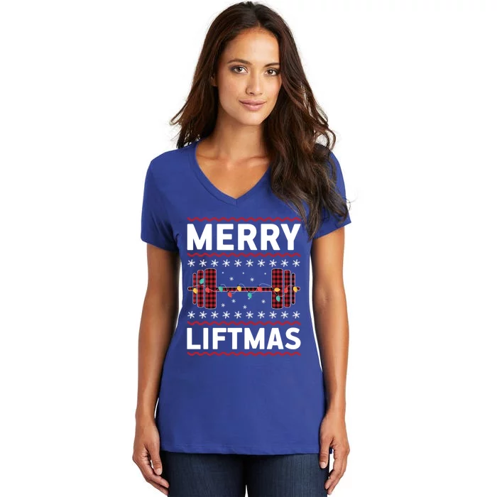 Merry Liftmas Gym Equipt Holiday Gift Ugly Christmas Cute Gift Women's V-Neck T-Shirt