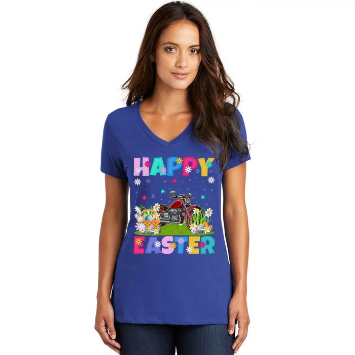 Motorcycle Lover Happy Easter Funny Motorcycle Easter Sunday Gift Women's V-Neck T-Shirt