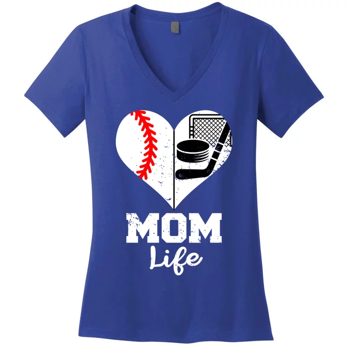 Mom Life Heart Funny Baseball Hockey Mom Great Gift Women's V-Neck T-Shirt