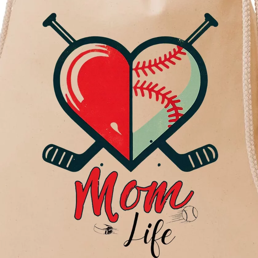 Mom Life Heart Funny Baseball Hockey Mom Mothers Day Drawstring Bag