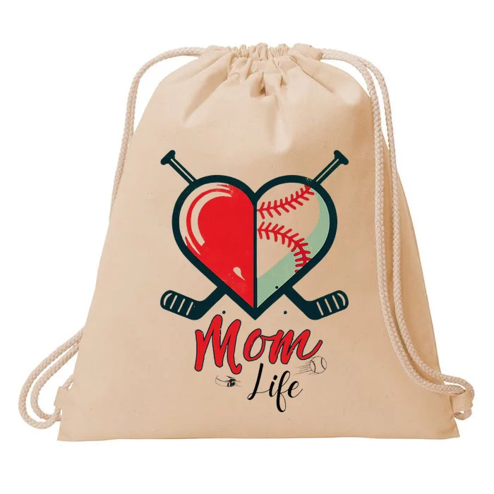 Mom Life Heart Funny Baseball Hockey Mom Mothers Day Drawstring Bag