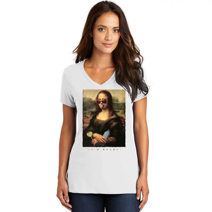 Mona Lisa I'm Ready Funny Party Women's V-Neck T-Shirt