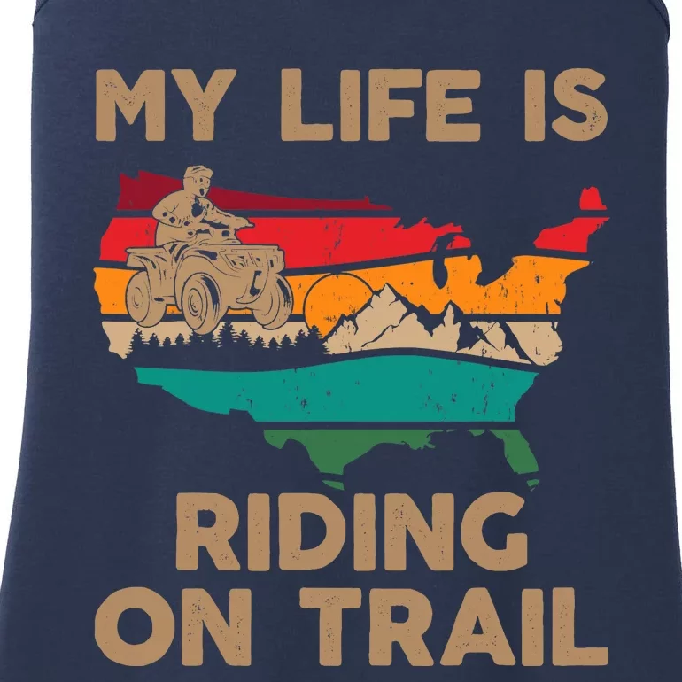 My Life Is Riding On Trail Quad ATV Squad USA Flag 4 Wheeler Ladies Essential Tank