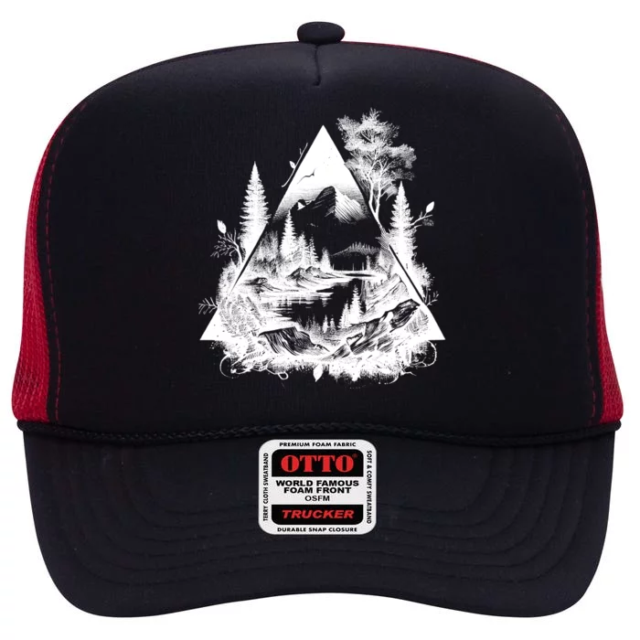 Mountain Landscape In A Triangle High Crown Mesh Trucker Hat