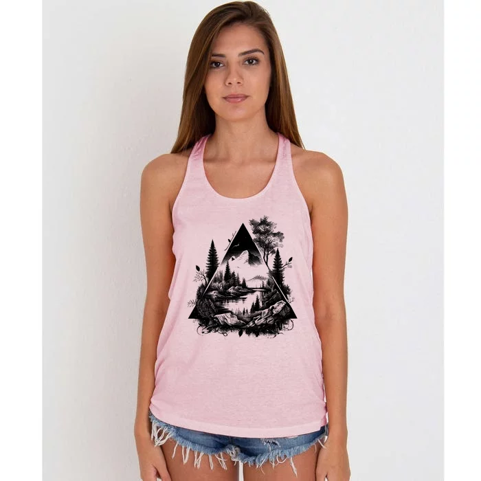 Mountain Landscape In A Triangle Women's Knotted Racerback Tank