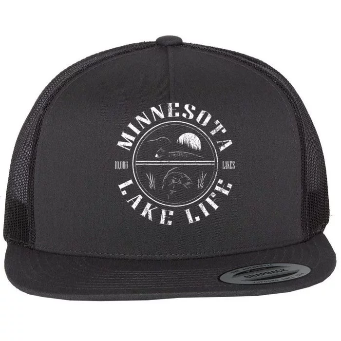 Minnesota Lake Life With Loon Walleye And Sunset Flat Bill Trucker Hat